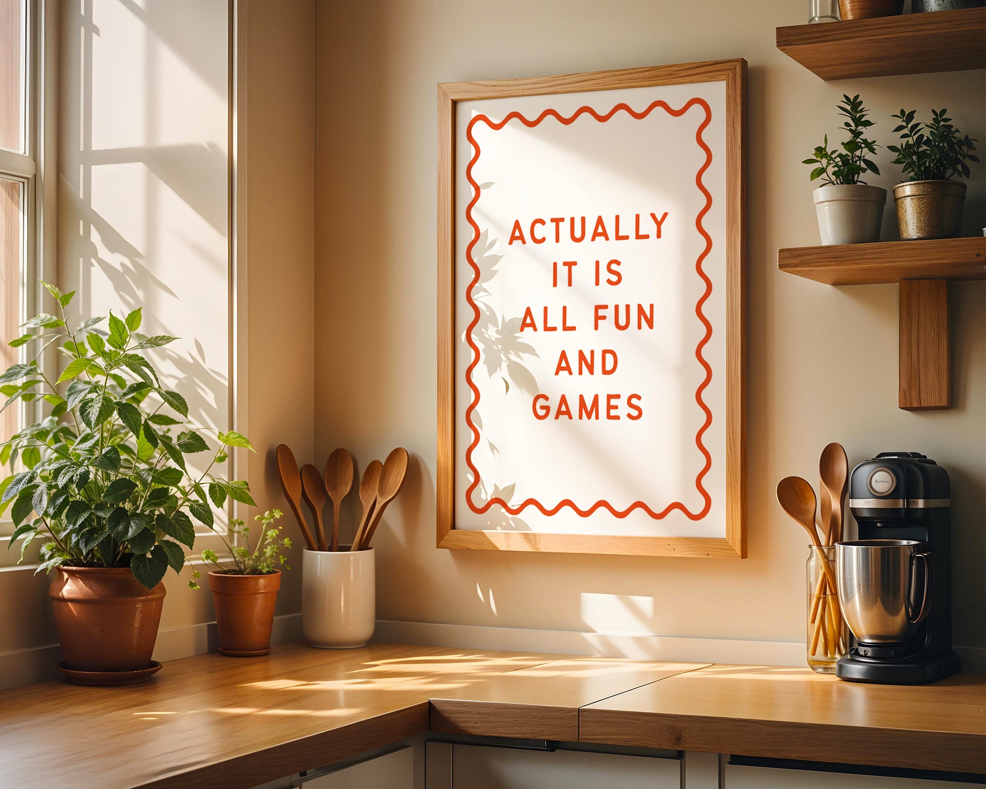Kitchen interior with a motivational poster, plants, and kitchen utensils.