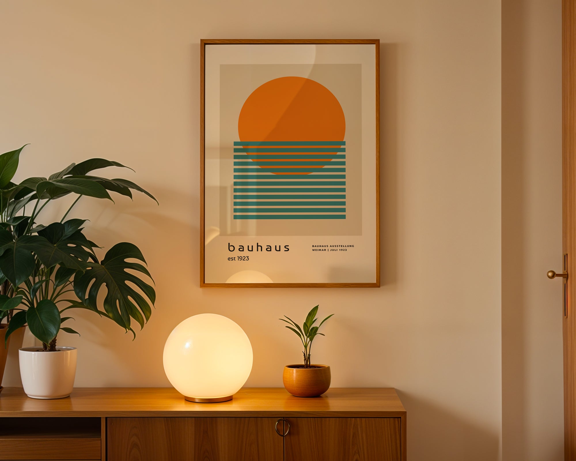 Framed Bauhaus poster on a wall with a table and plants below.