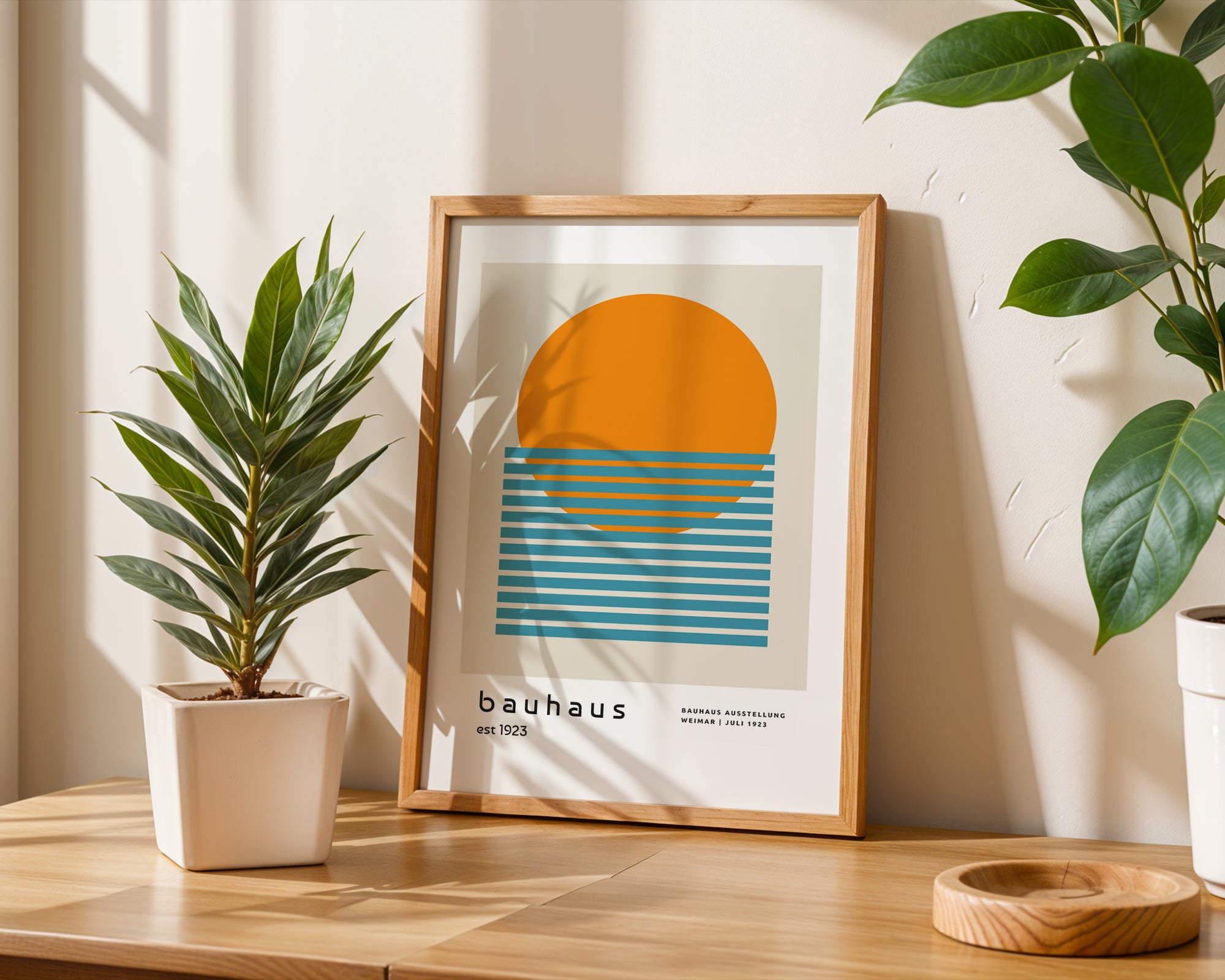 Framed artwork with 'bauhaus' design on a wooden surface with plants