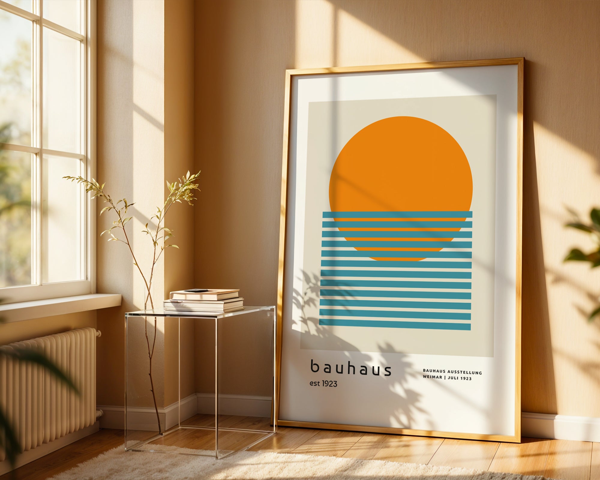 Framed Bauhaus-style poster in a sunlit room with a side table and radiator.