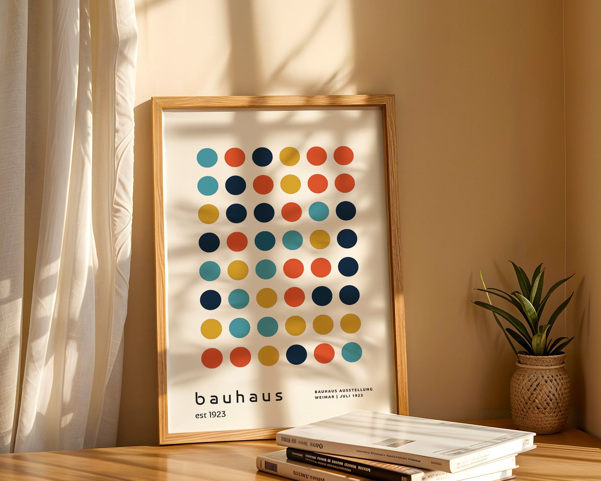Framed Bauhaus poster with colorful circles on a shelf with books and a plant.