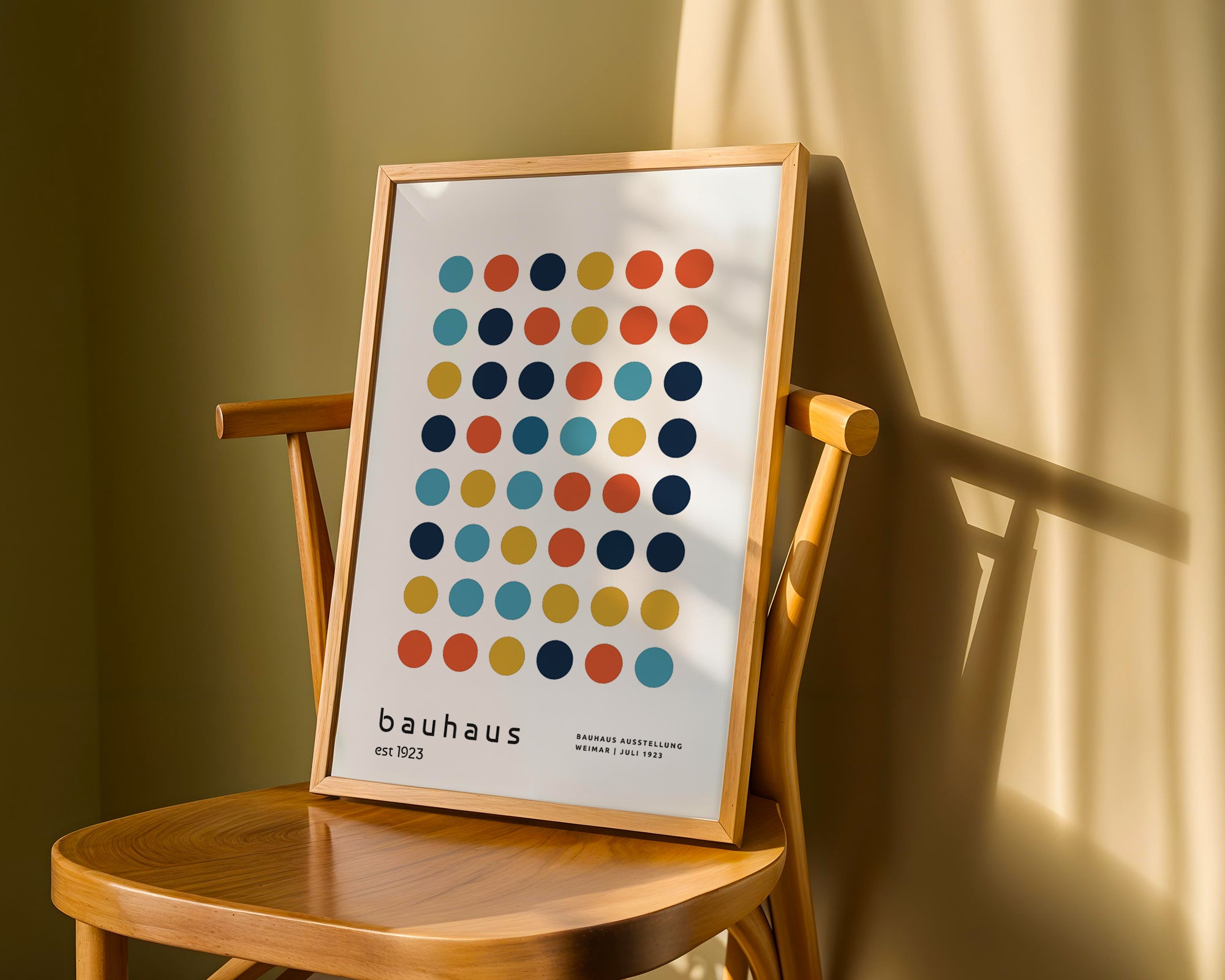 Framed poster with colorful dot pattern on a wooden chair against a beige wall.