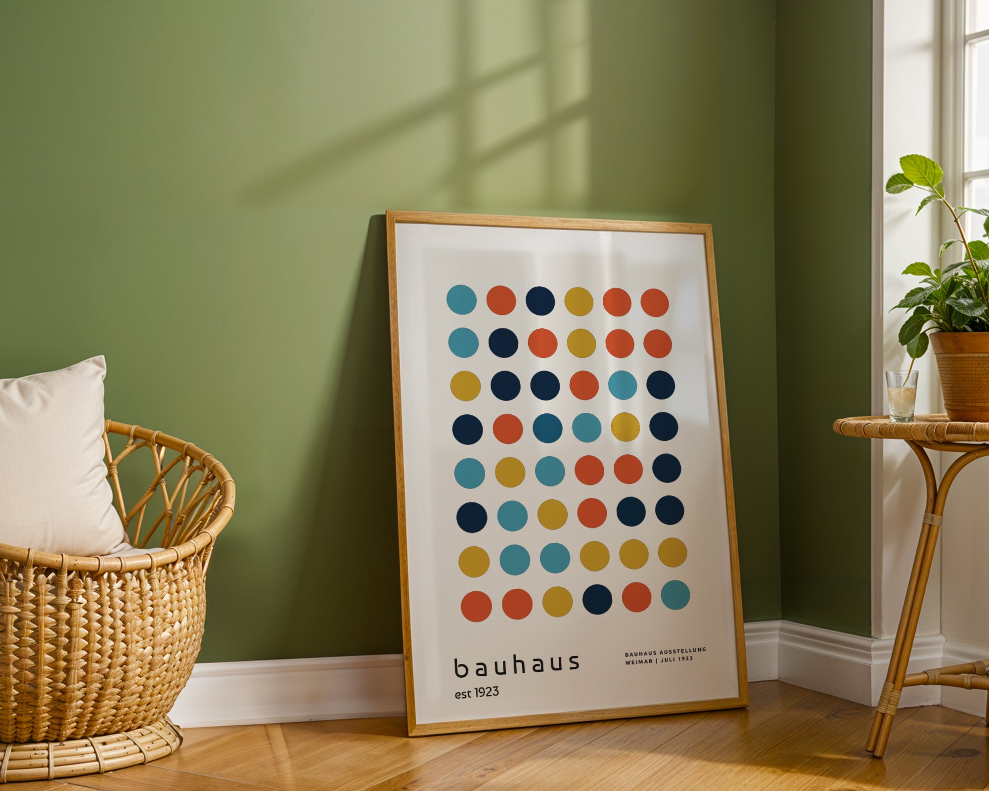 Framed Bauhaus poster with colorful dots on a green wall