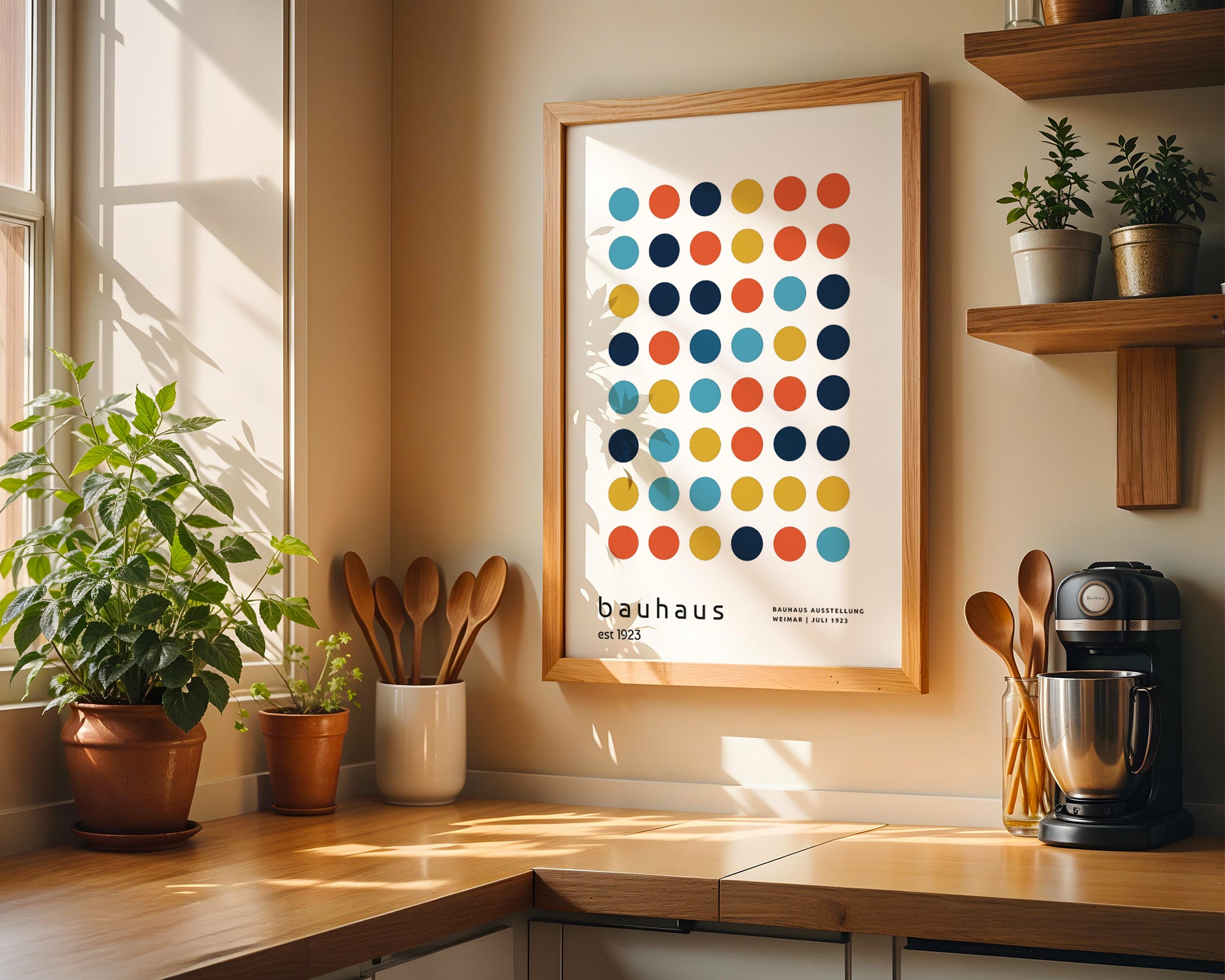 Kitchen interior with a framed Bauhaus poster, wooden utensils, and plants.