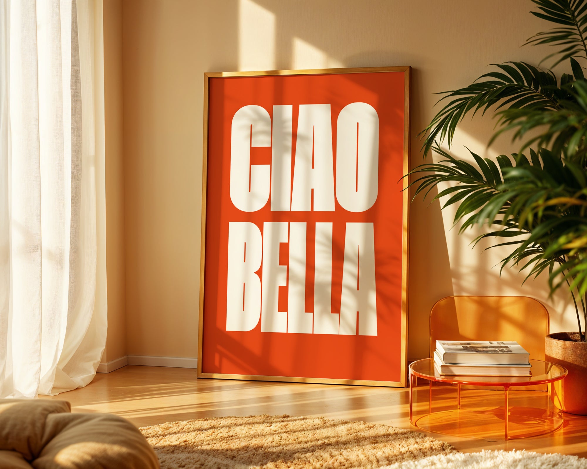 Decorative wall art with 'CIAO BELLA' in a living room setting