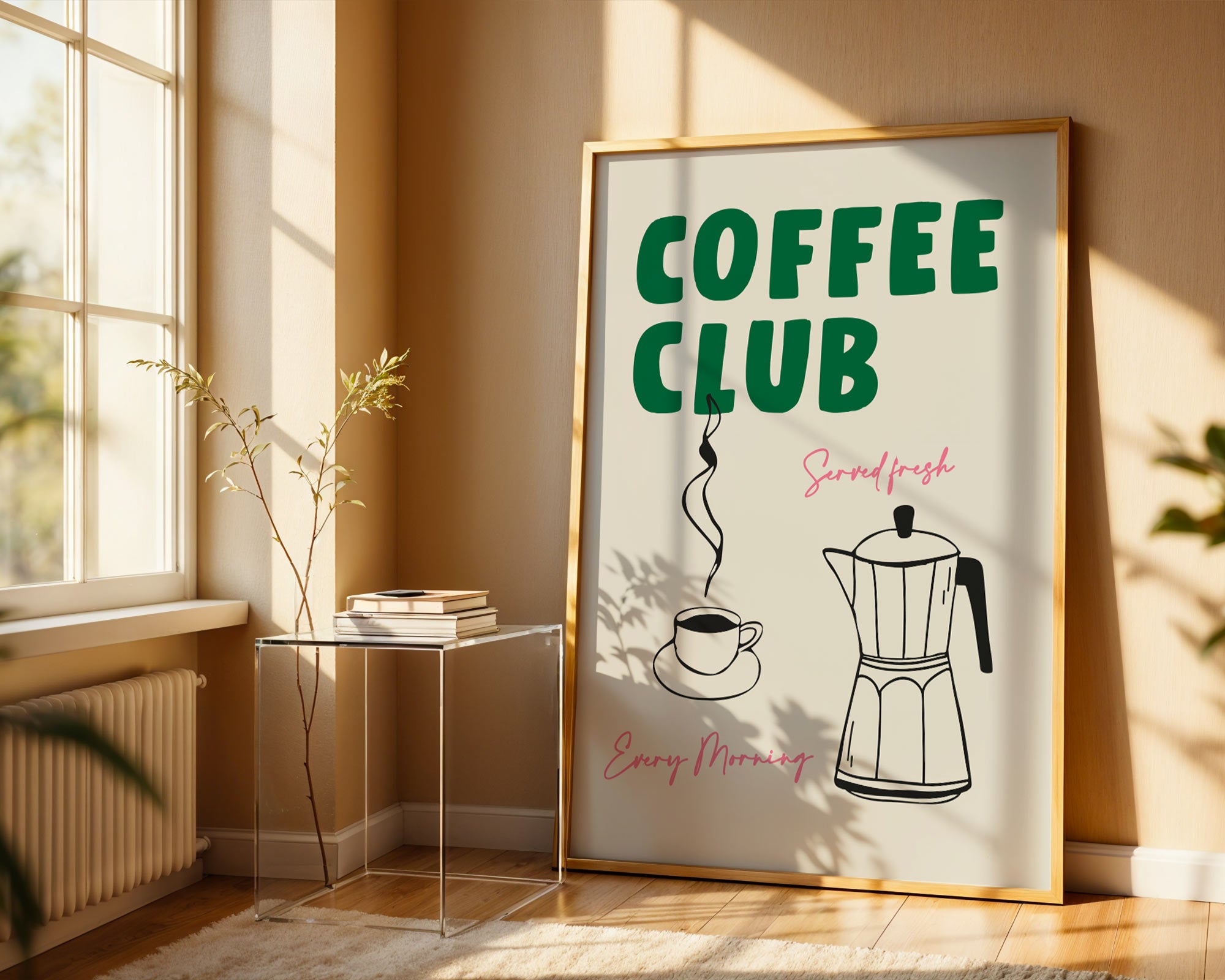 Framed poster with 'Coffee Club' design in a sunlit room.