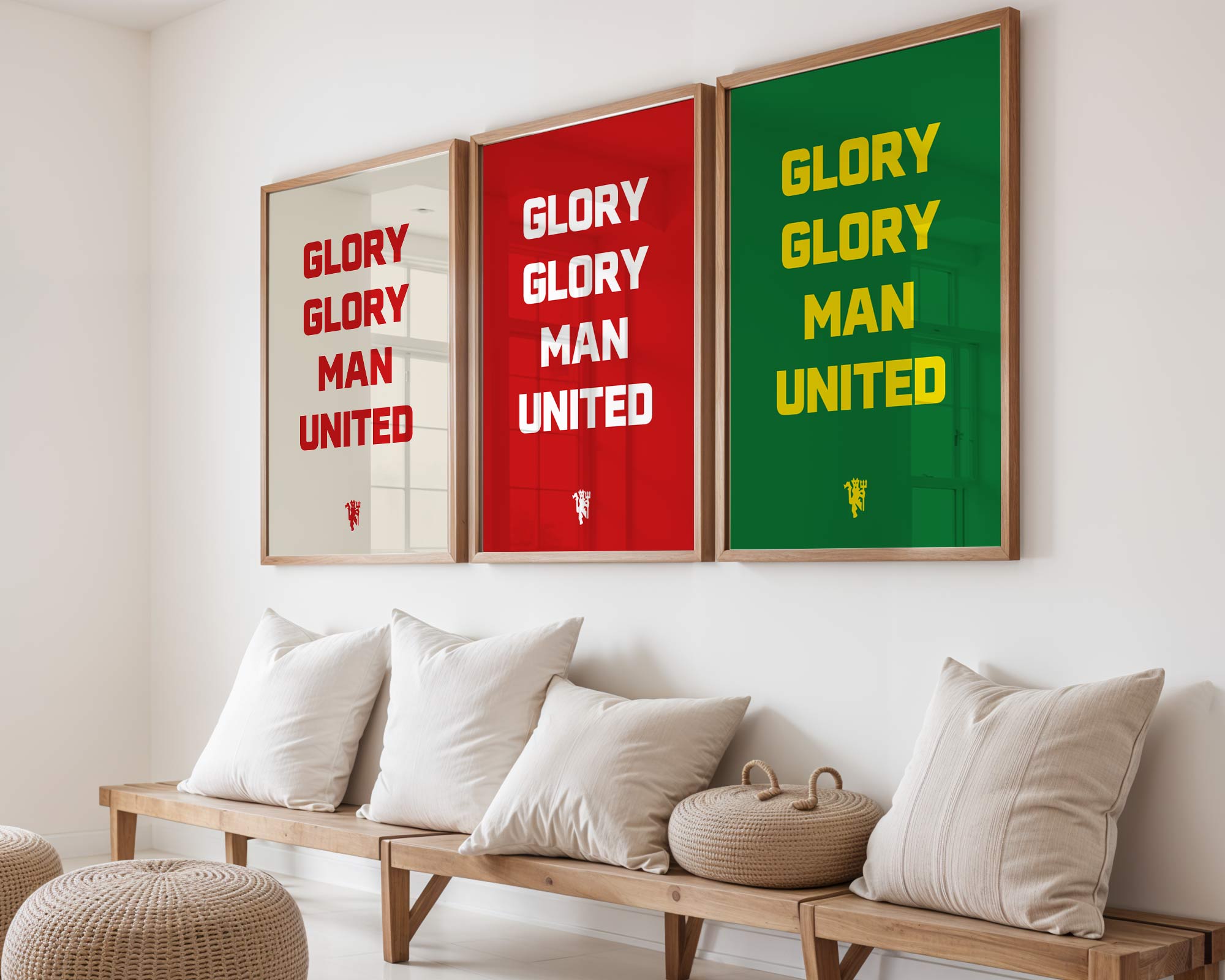 Three framed posters with 'GLORY GLORY MAN UNITED' text in a living room setting.