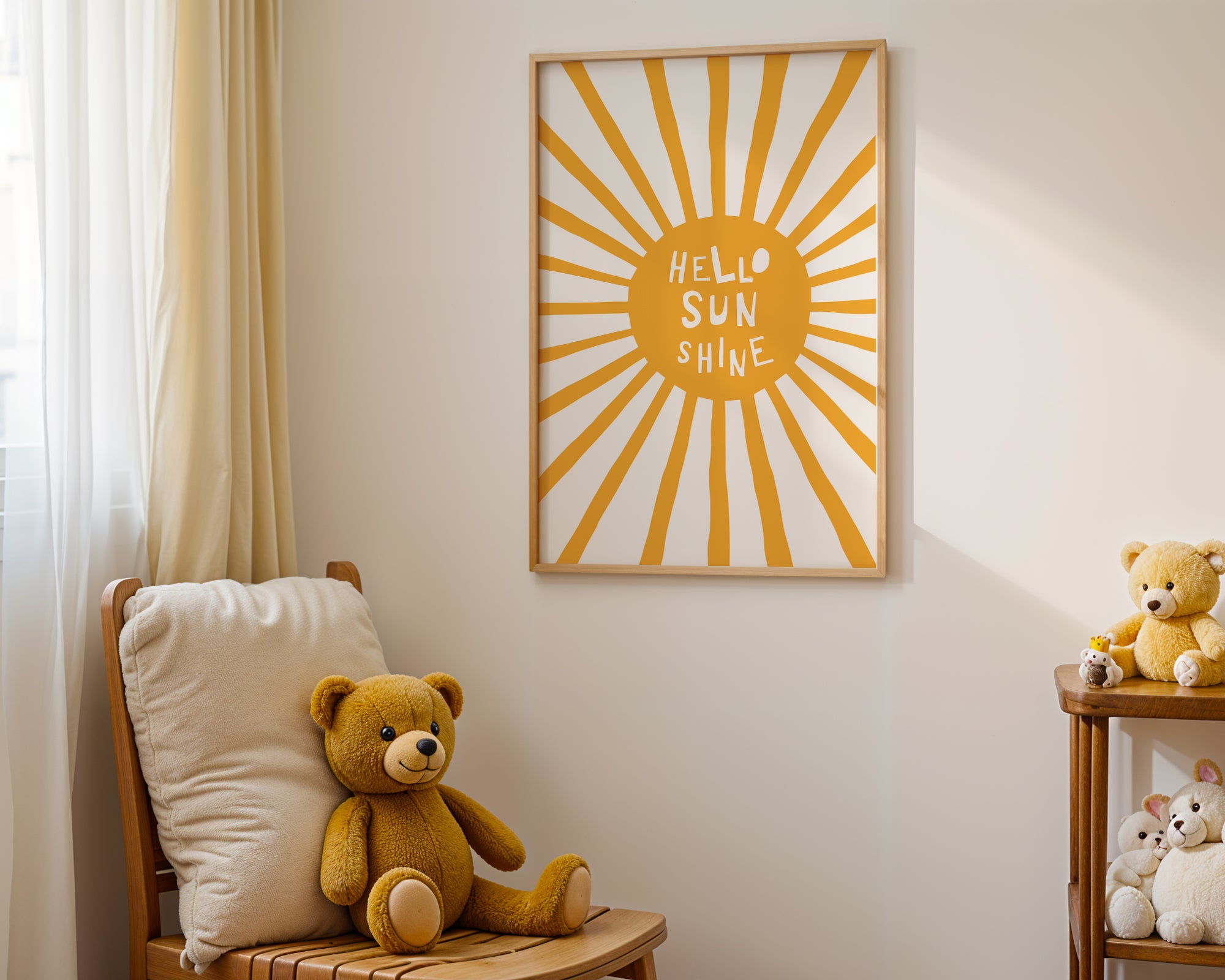 Children's room with teddy bear, 'Hello Sunshine' wall art, and small table with toys.