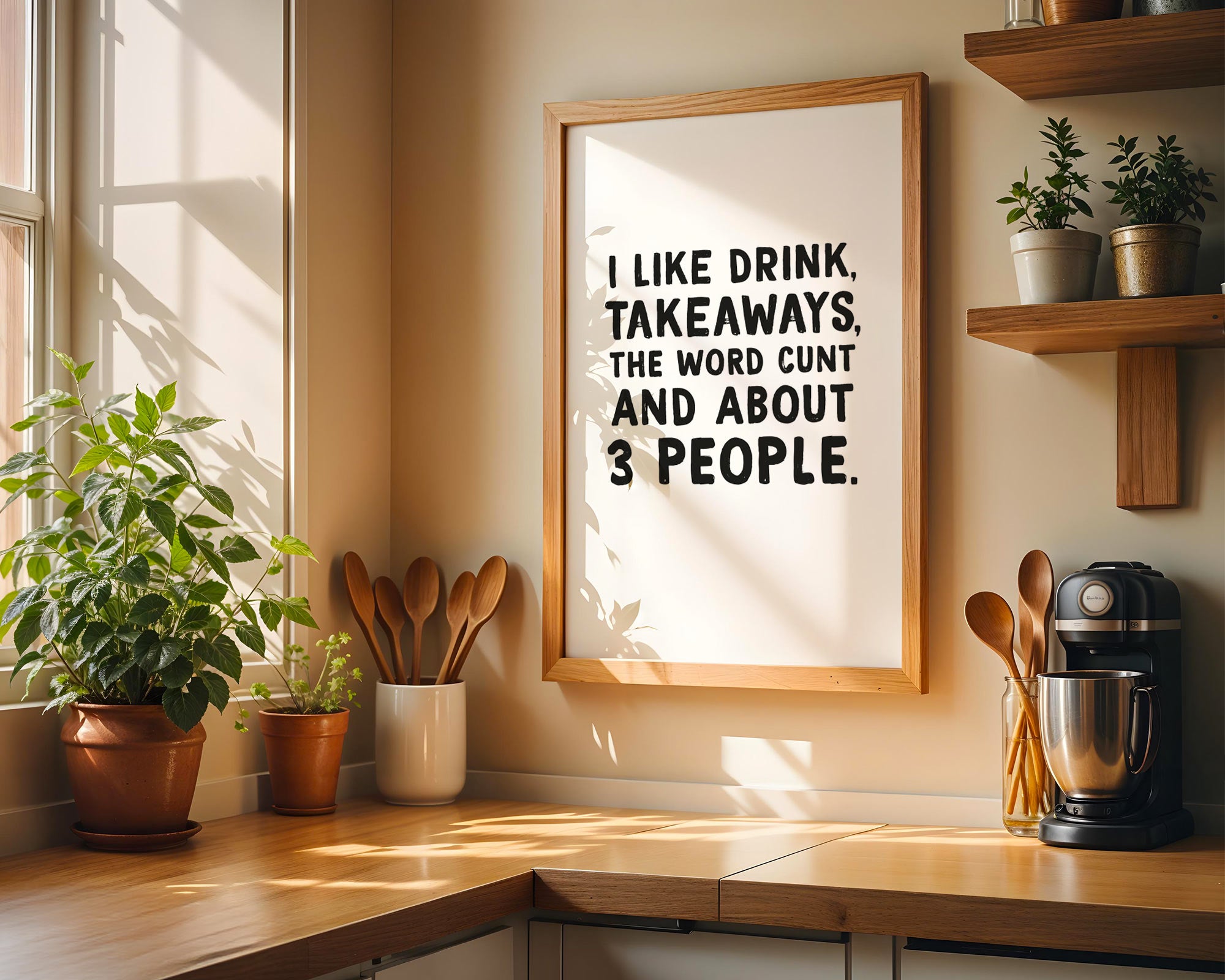 I like drink, takeaways and the word cunt and about three people wall art print