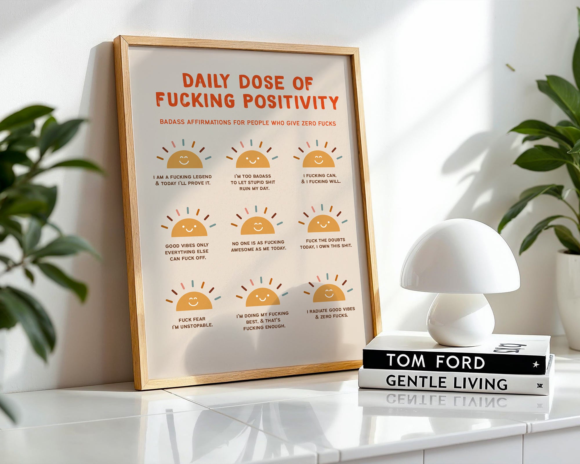 Framed print titled 'Daily Dose of Fucking Positivity' on a shelf with books and a lamp.