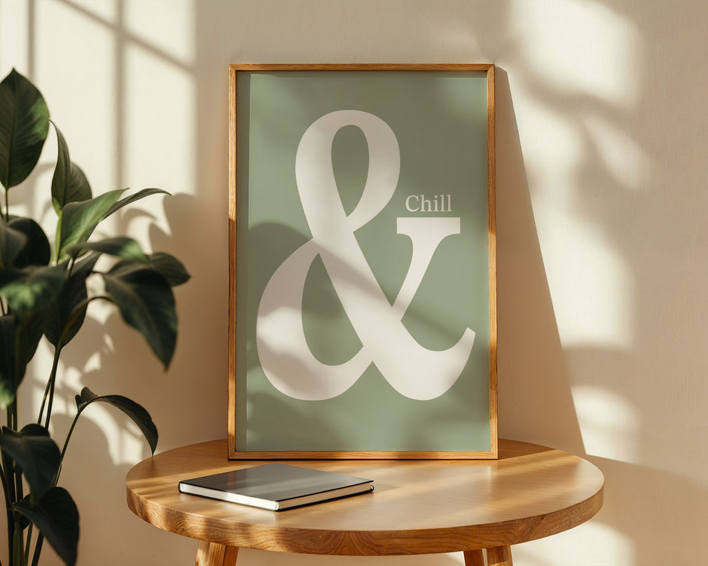 Framed poster with 'Chill &' design on a wooden table with a plant in the background