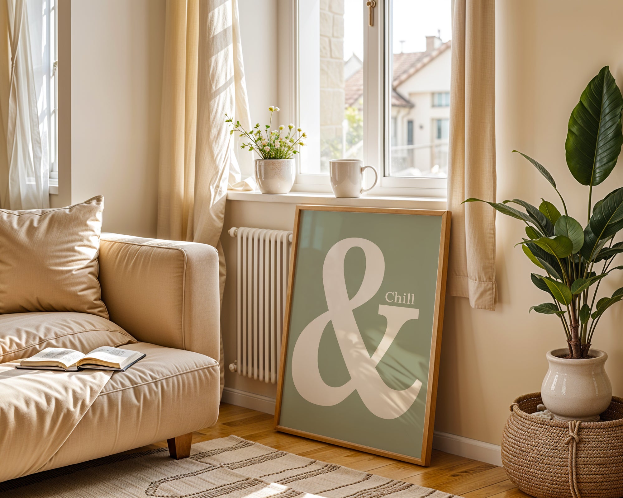 Cozy living room with a beige sofa, plant, and framed sign with 'Chill &'