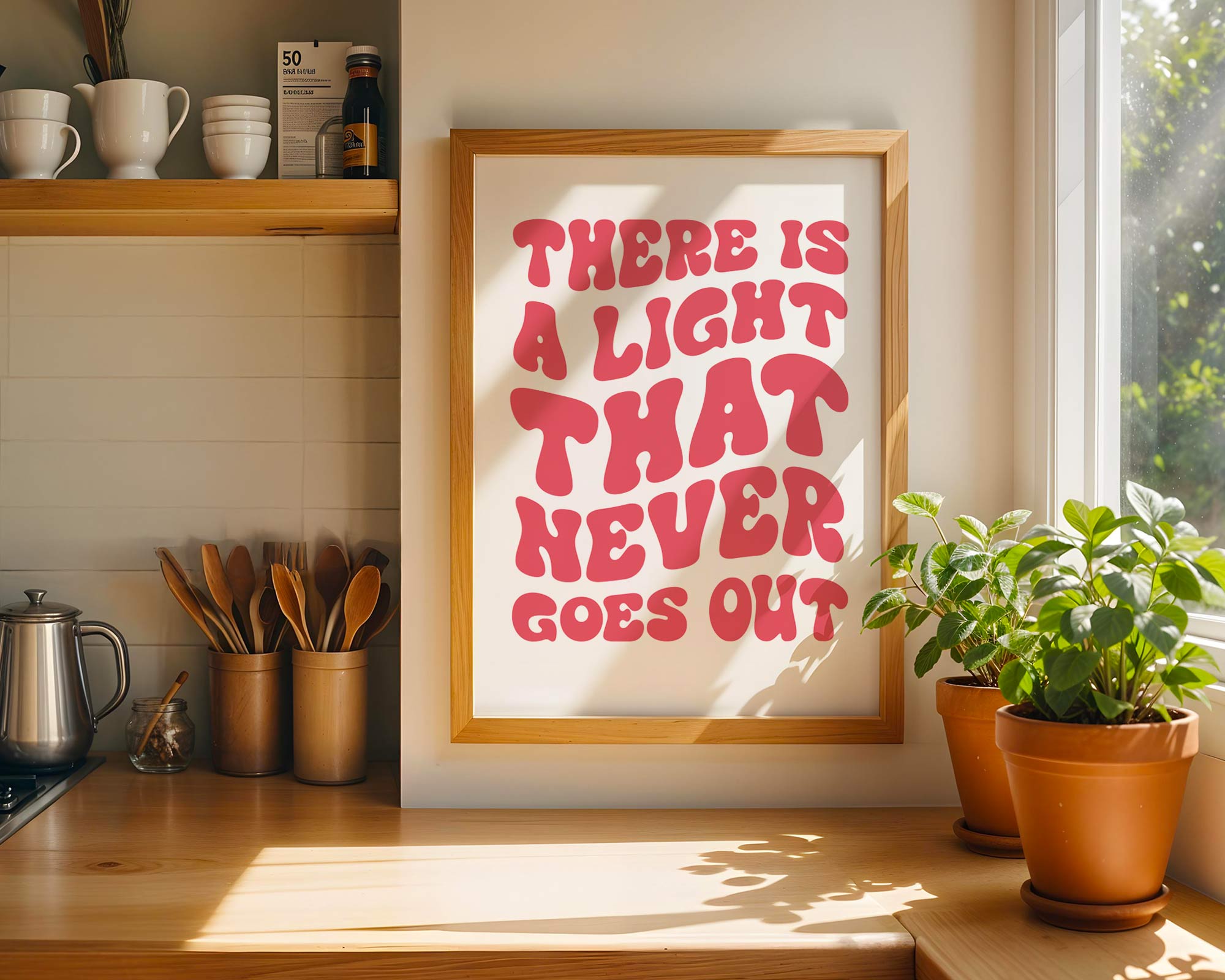 Framed artwork with motivational quote in a home setting