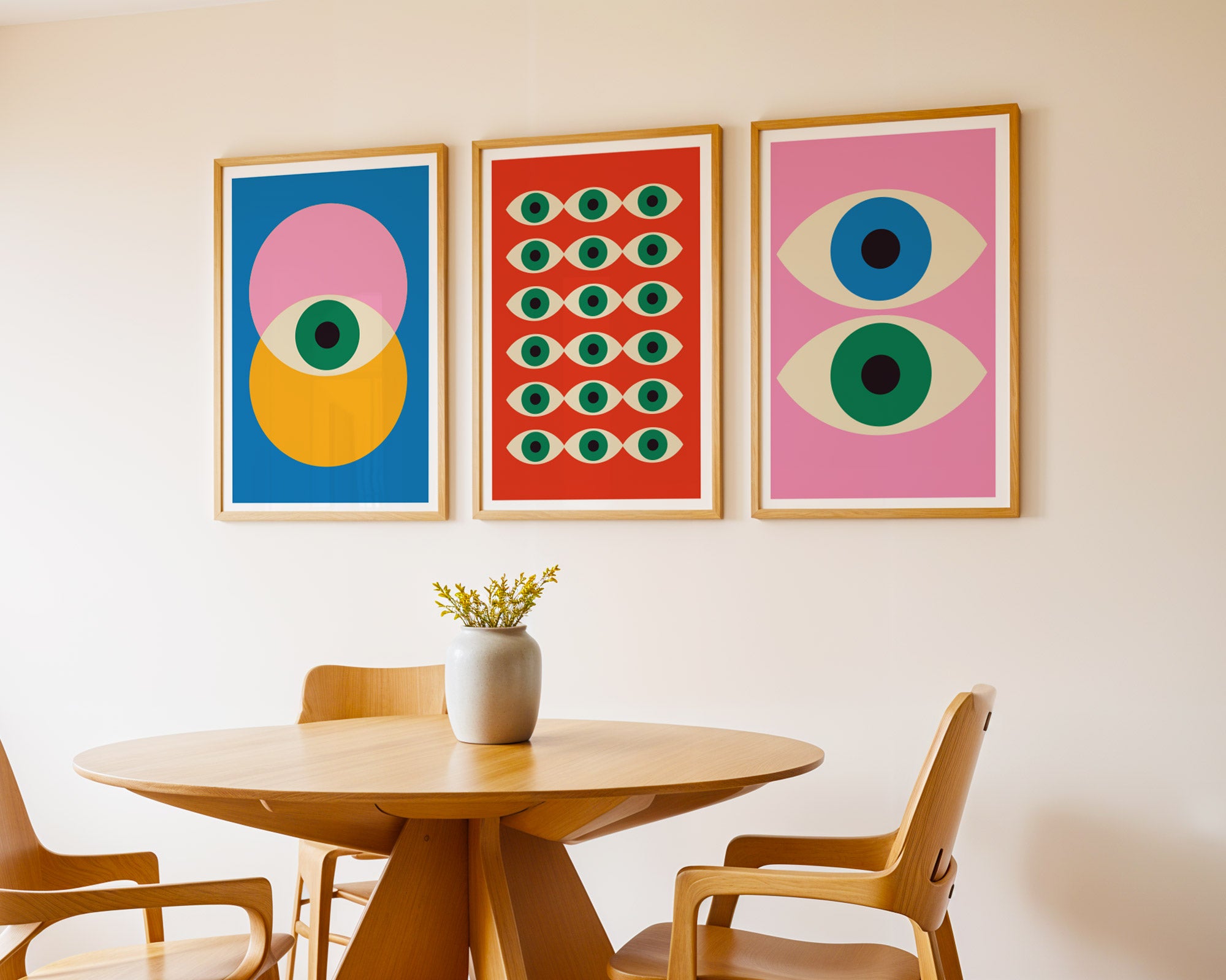 Bauhaus Geometric Eyes Prints Set x3: Mid-Century Modern Wall Art