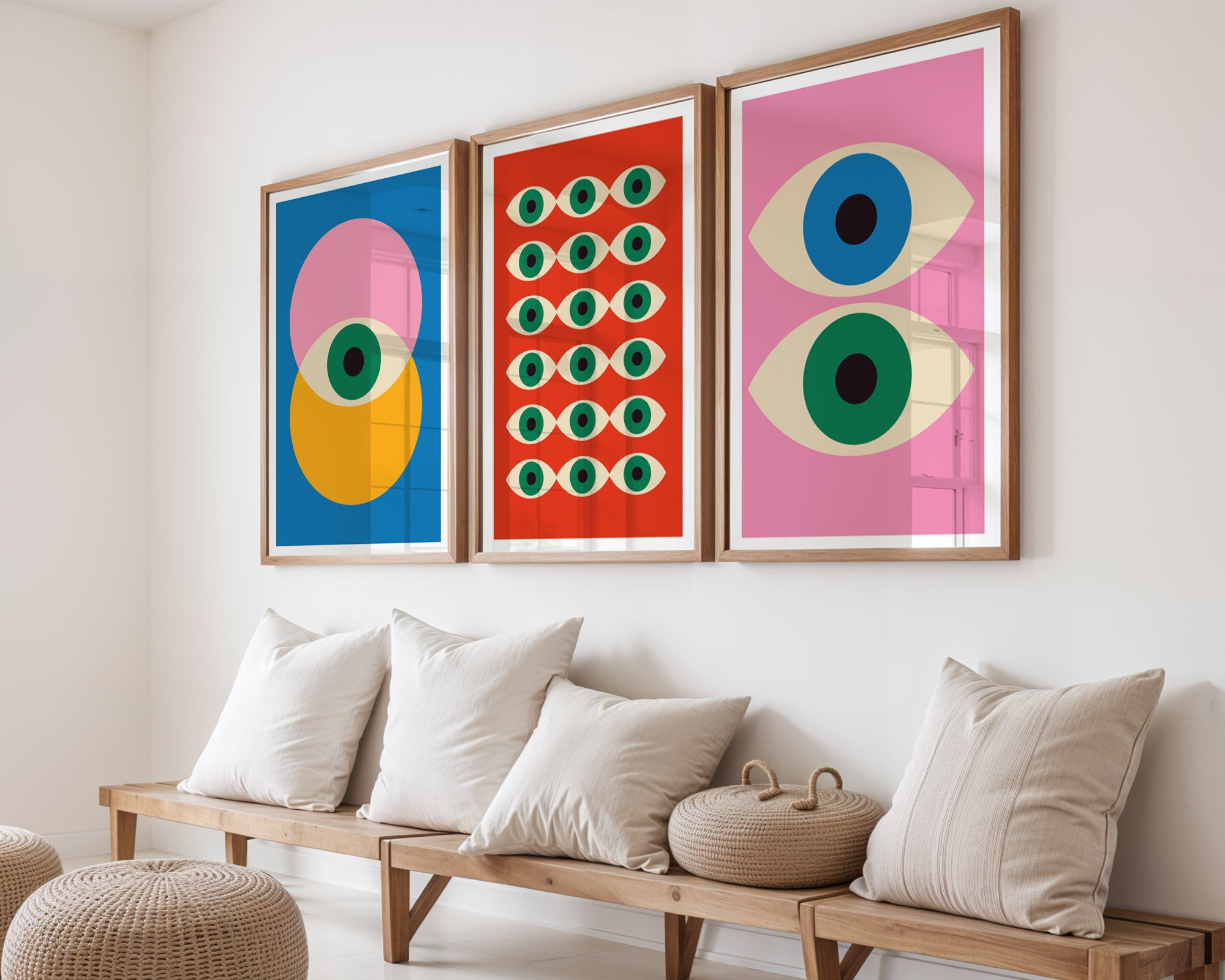 Bauhaus Geometric Eyes Prints Set x3: Mid-Century Modern Wall Art