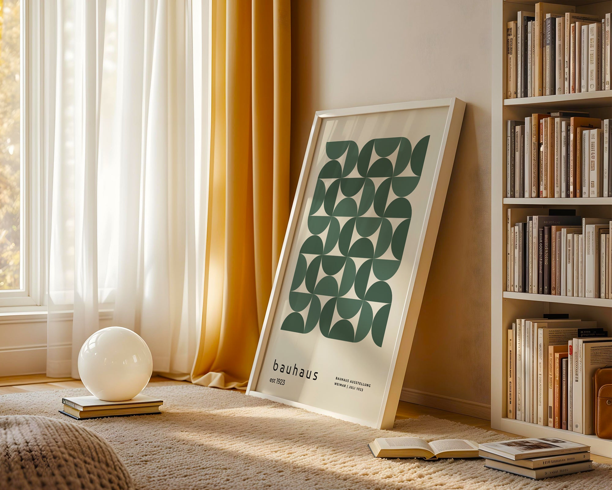 Framed artwork with geometric design leaning against a wall in a room with books and decor.