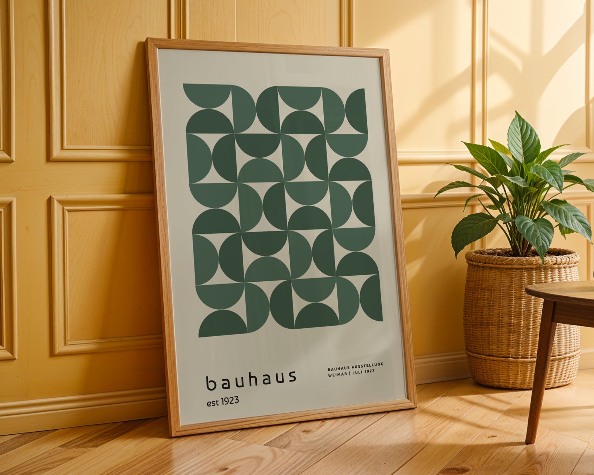 Framed Bauhaus poster on a wooden floor with a plant in the background