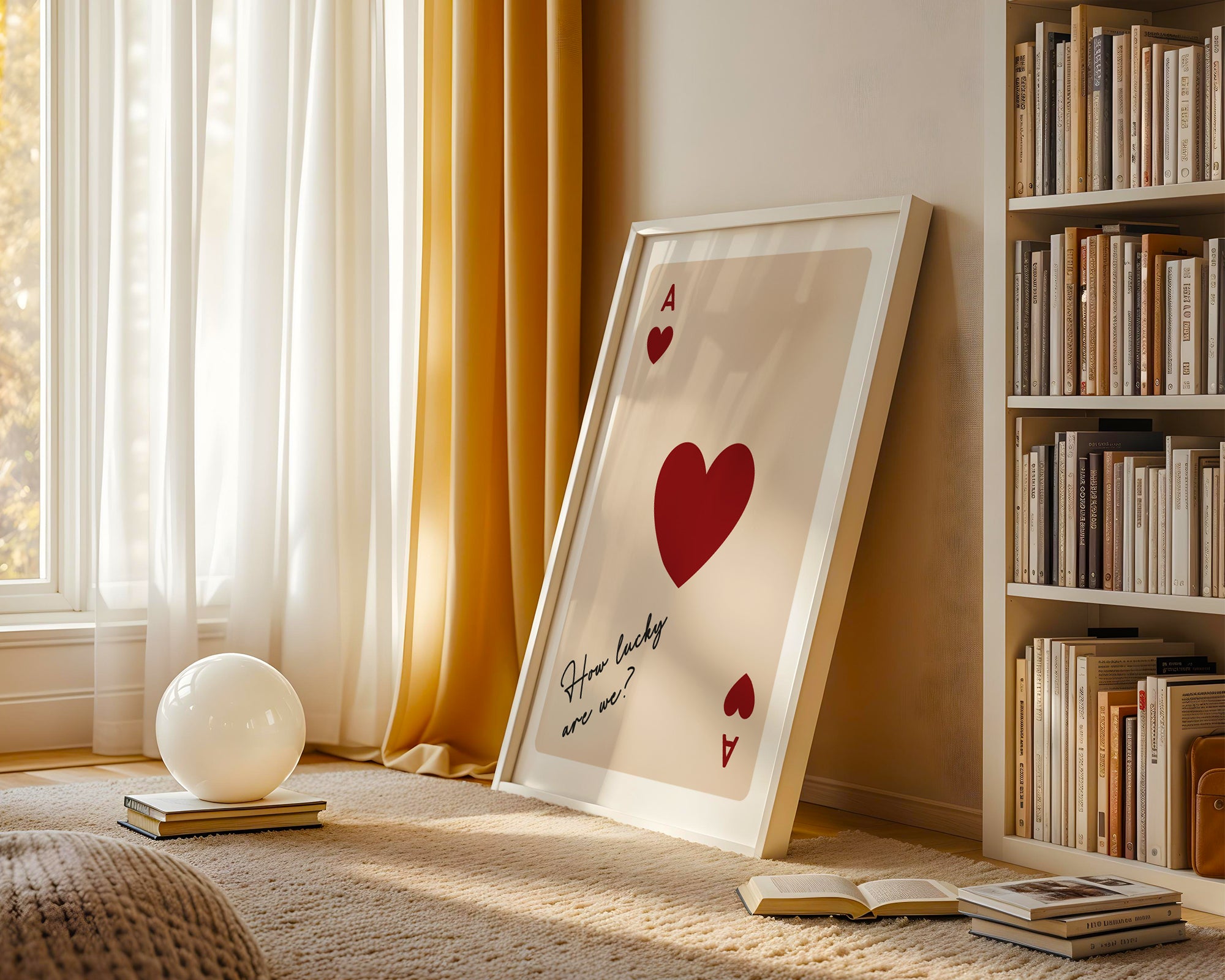 Framed artwork with red hearts and text in a room with books and decor