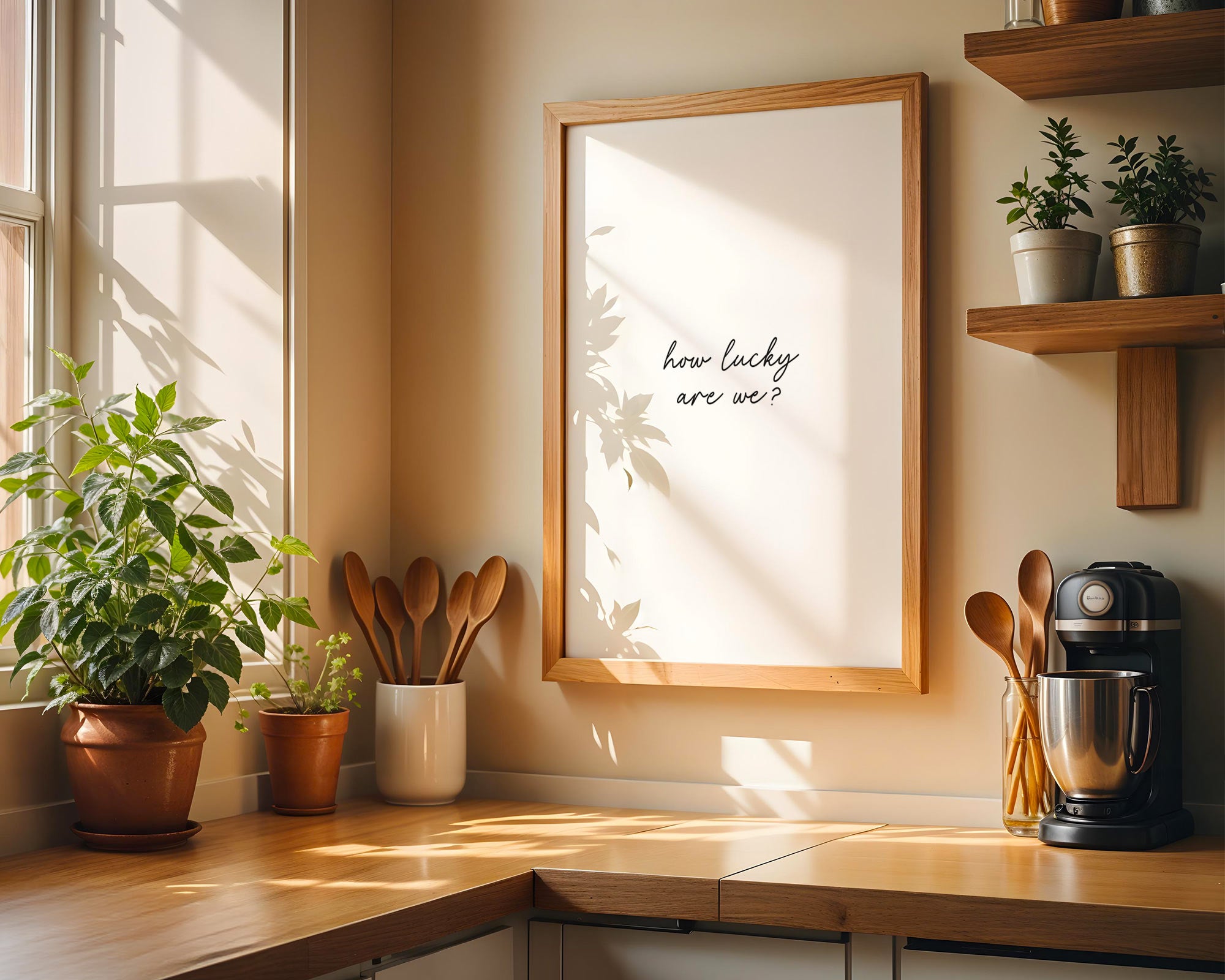 Kitchen corner with a framed print, plants, and kitchen utensils.