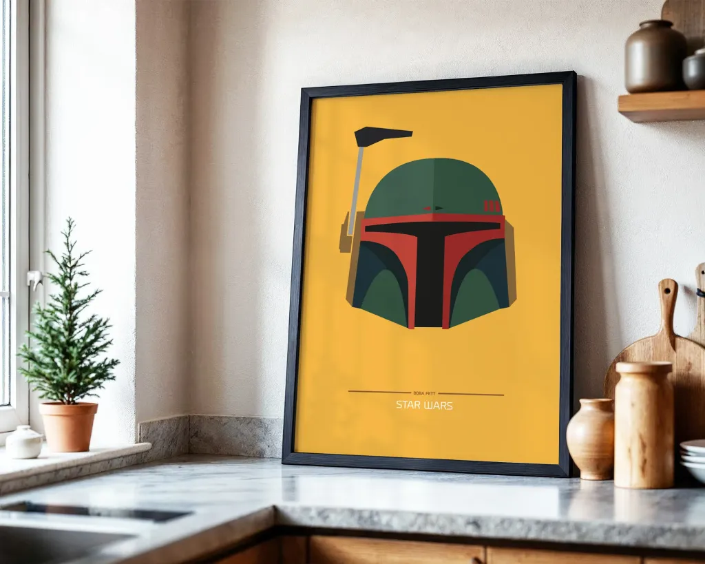 Framed poster of a character helmet on a kitchen counter with a plant and window in the background.