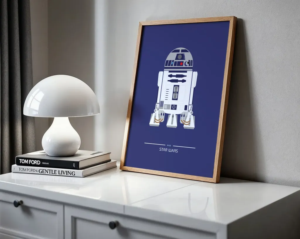 Framed poster of R2-D2 from Star Wars on a shelf with a lamp and books.
