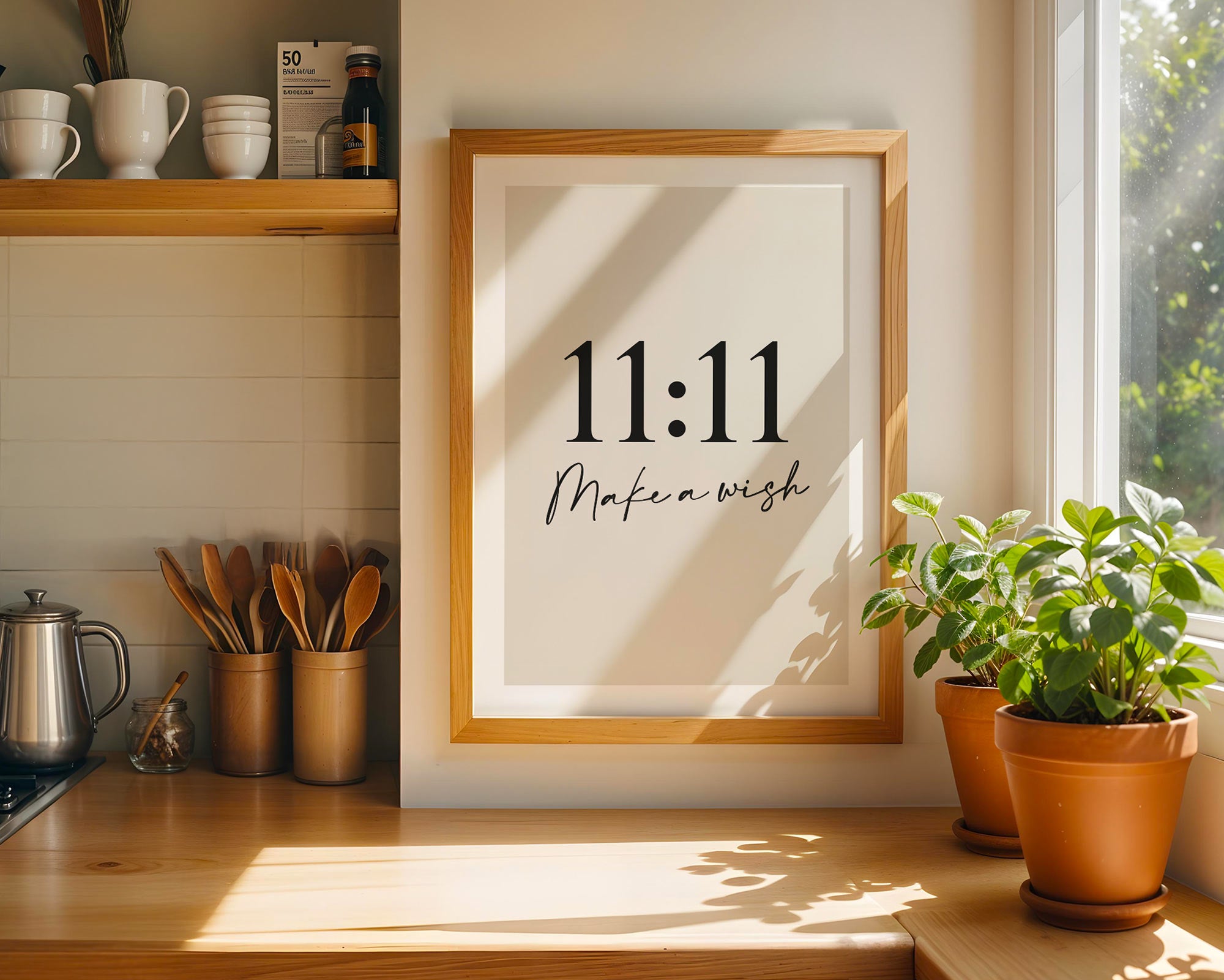 Framed artwork with '11:11 Make a wish' text in a kitchen setting with plants and shelves.
