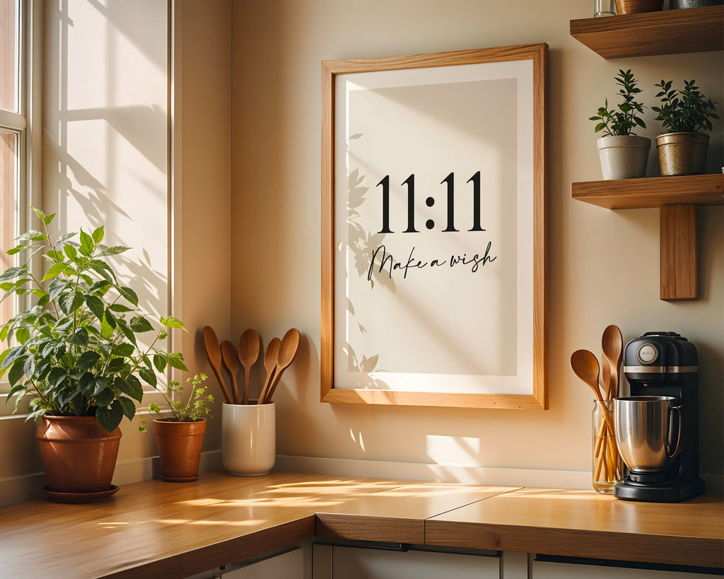 Kitchen corner with a framed poster, plants, and kitchen utensils.