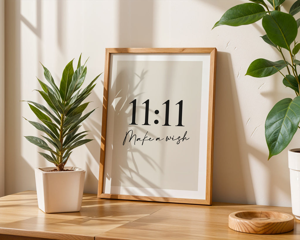 Framed clock with '11:11 Make a wish' text on a wooden surface with plants.