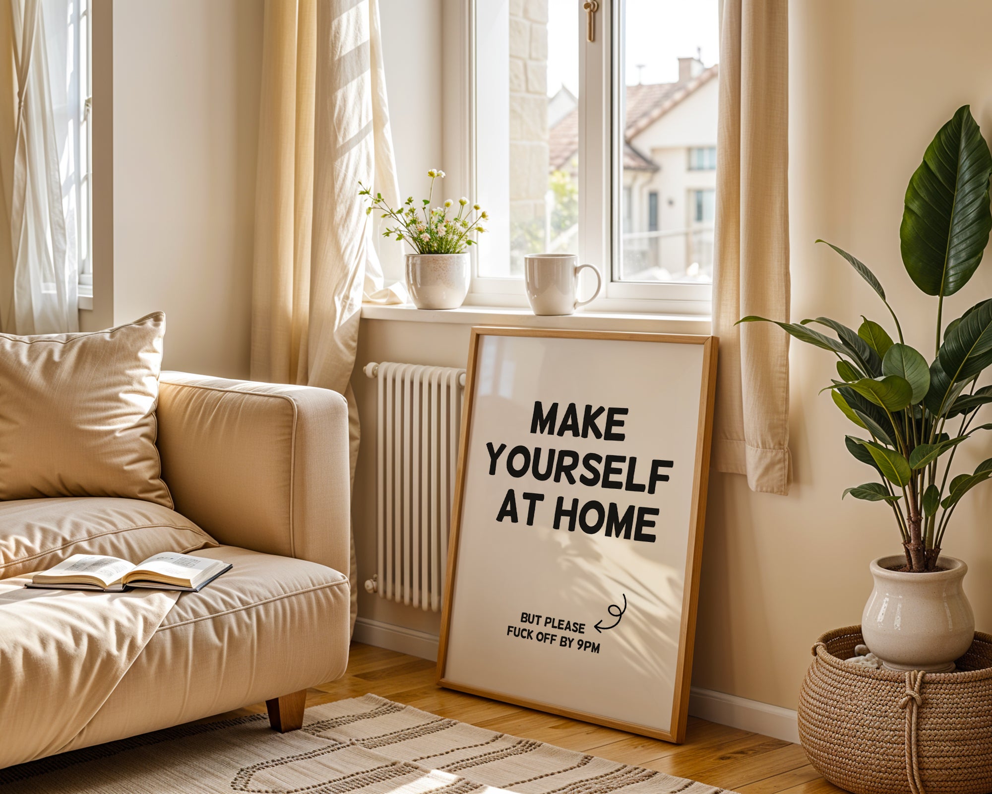 Cozy living room with a 'Make Yourself at Home' sign, beige sofa, and plants.