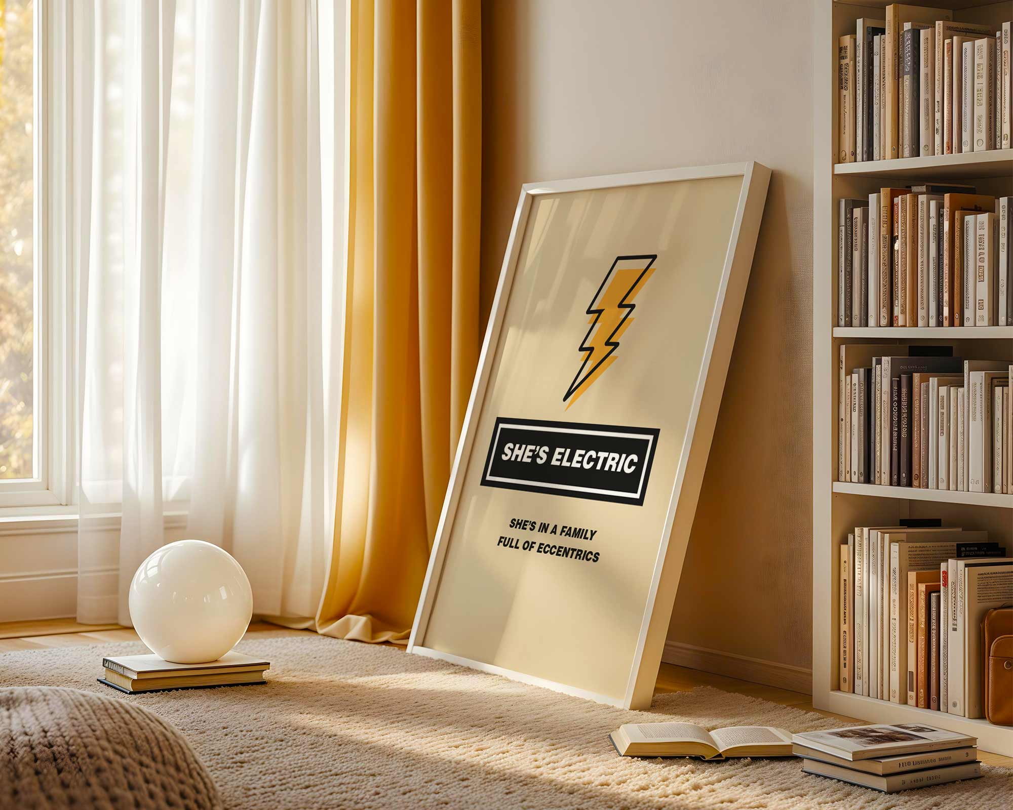 Framed artwork with a lightning bolt design in a room with books and decor.
