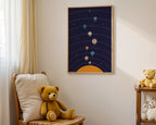 Children's room with teddy bear, framed solar system poster, and small table with toys.