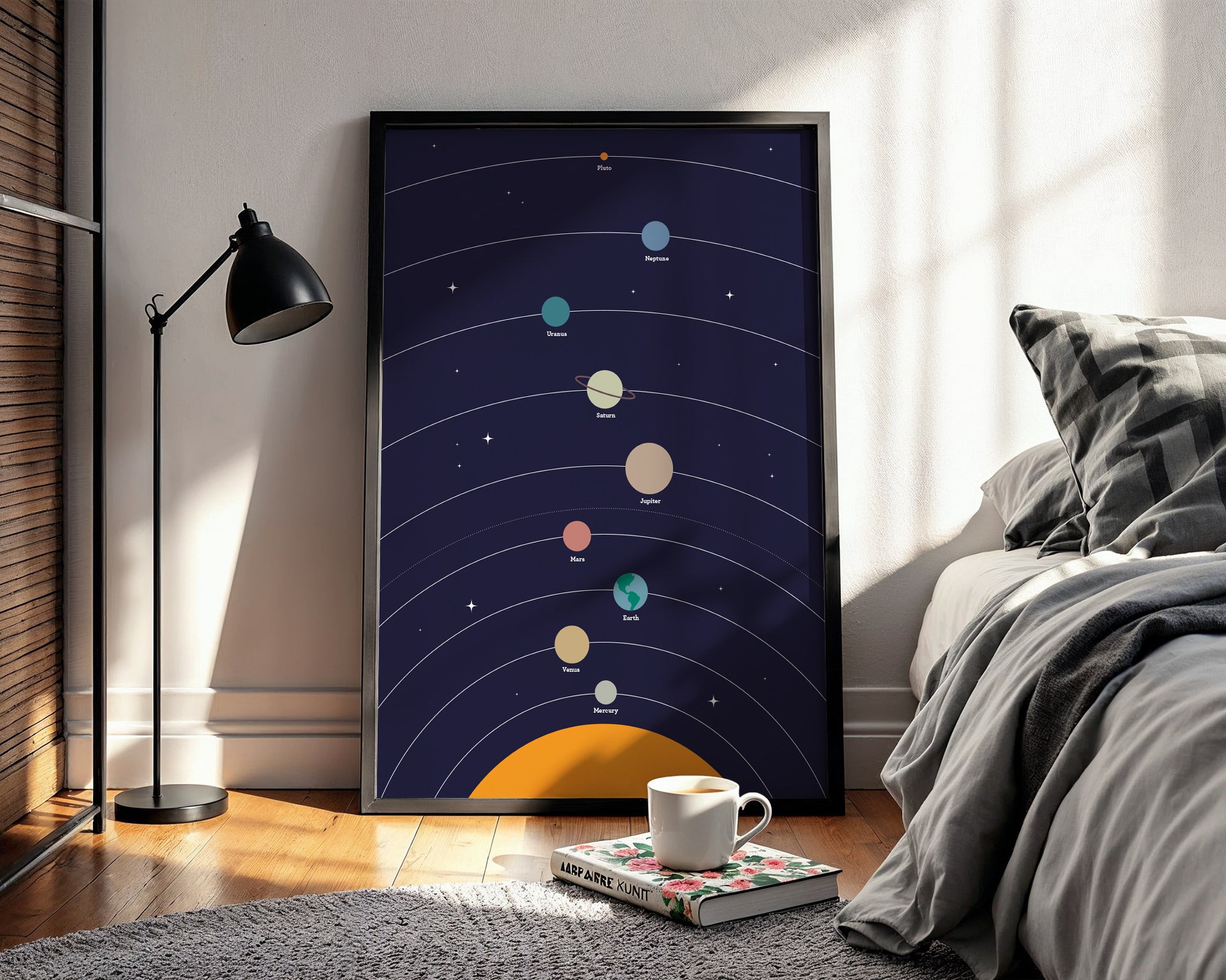 Framed solar system diagram in a bedroom with a lamp and bed.