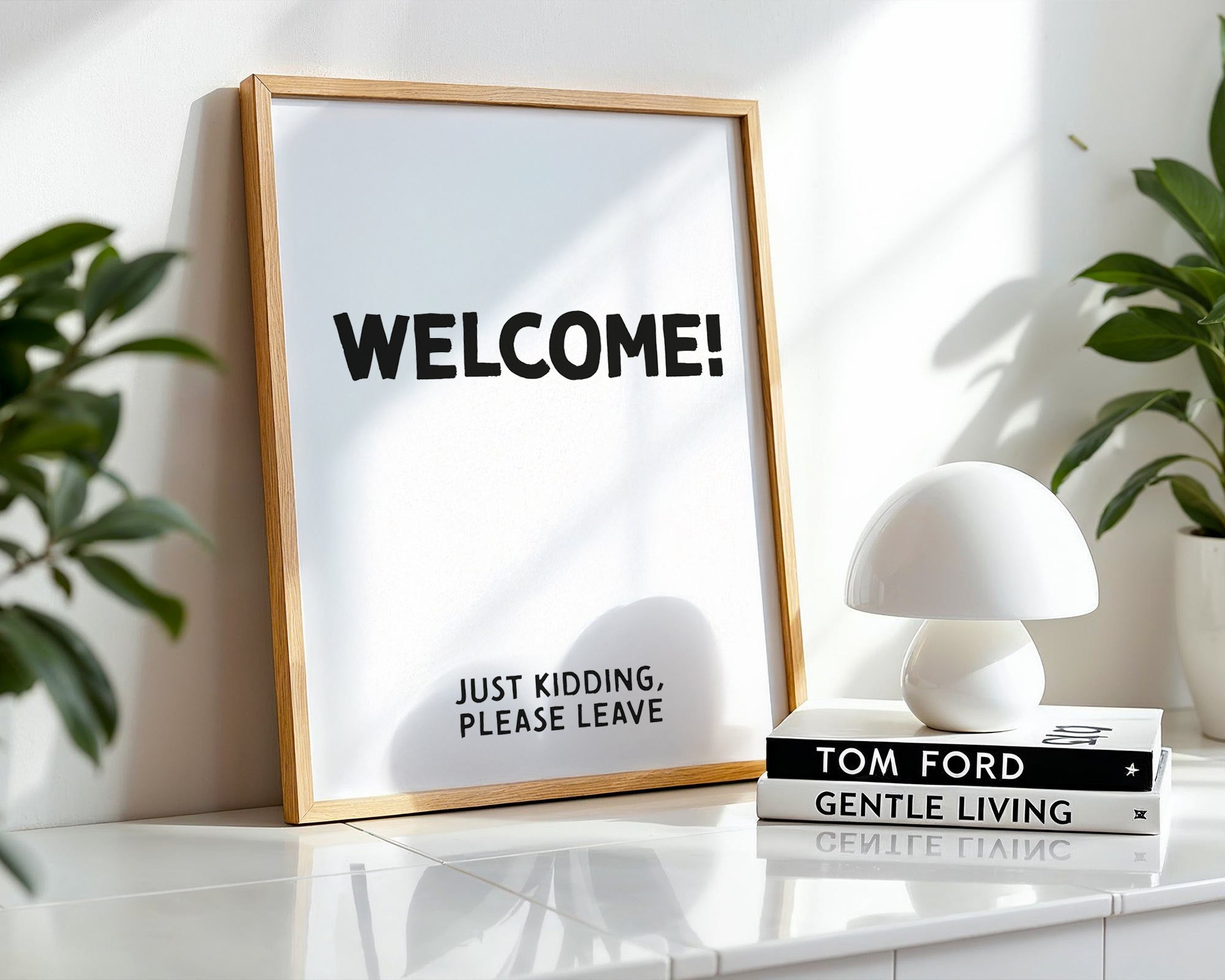 Framed sign with 'WELCOME! JUST KIDDING, PLEASE LEAVE' text on a shelf with decor items.